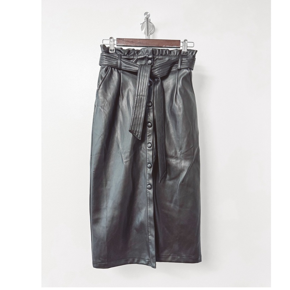 Skies Are Blue Black Faux Leather Paperbag Midi Skirt Button Front Belted 52470